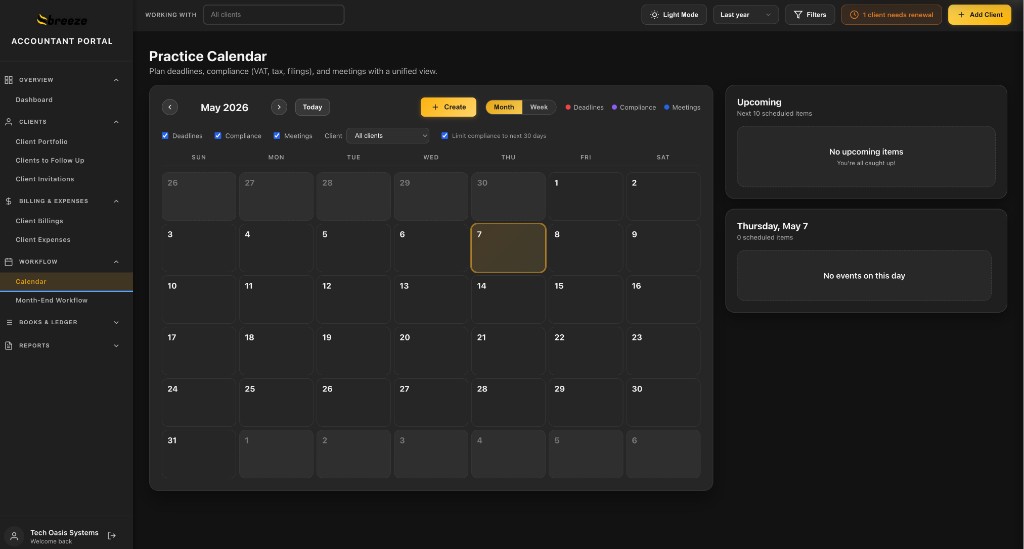 Practice Calendar: month grid for May 2026 with legend for deadlines, compliance, and meetings; upcoming and daily panels.