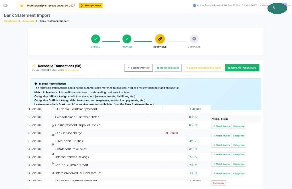 Bank statement reconciliation: match transactions to invoices or categorize inflows and outflows