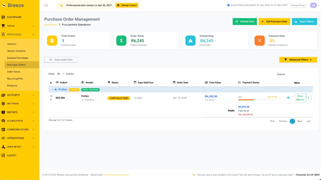 Breeze Purchase Order Management: procurement dashboard with order totals, outstanding amounts, payment rate, and vendor-grouped purchase orders.